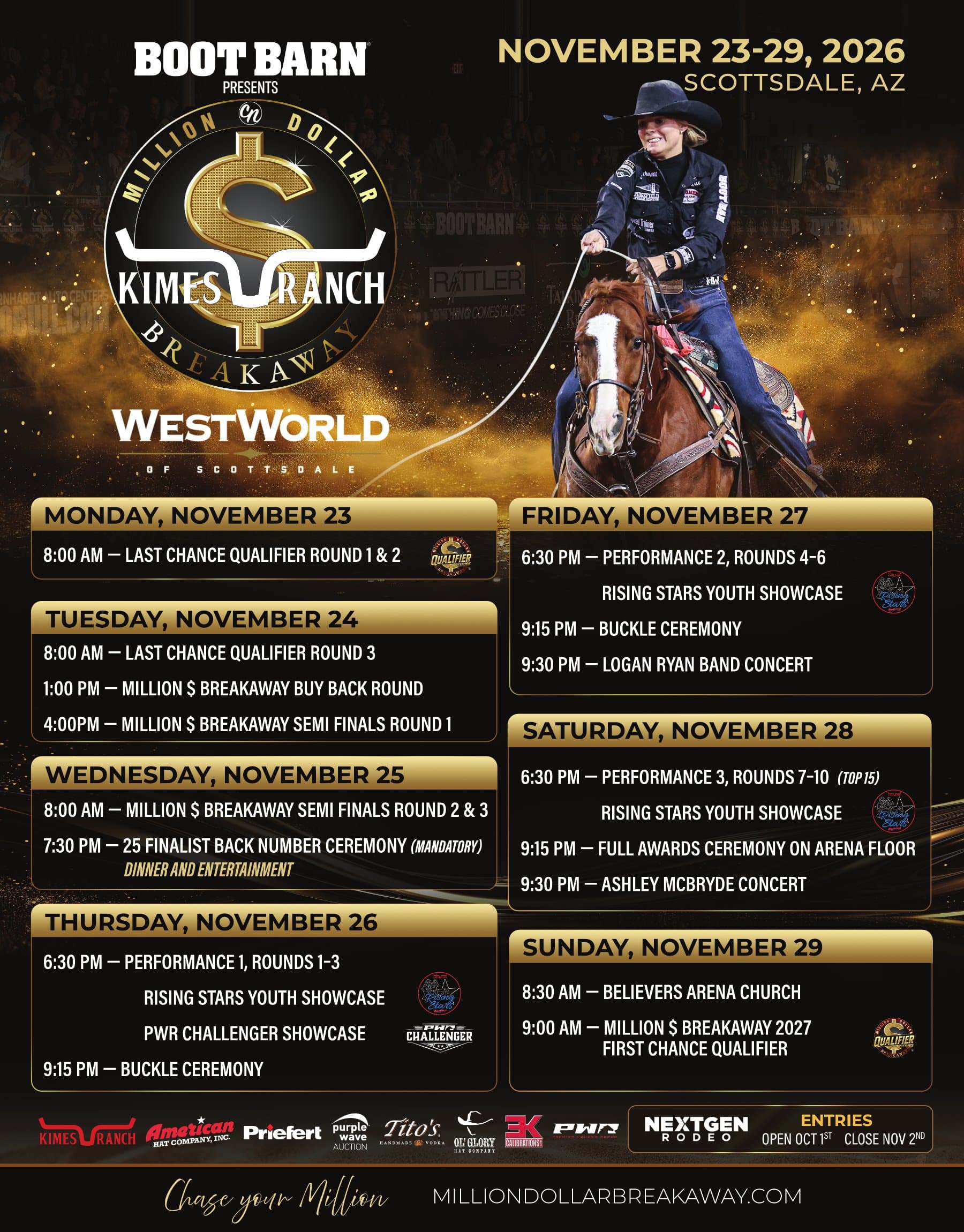 2026 Kimes Ranch Million Dollar Breakaway schedule, November 23–29 at WestWorld of Scottsdale