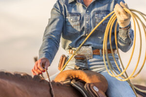 Cowboy with lasso ready on horseback in denim and ornate buckle.