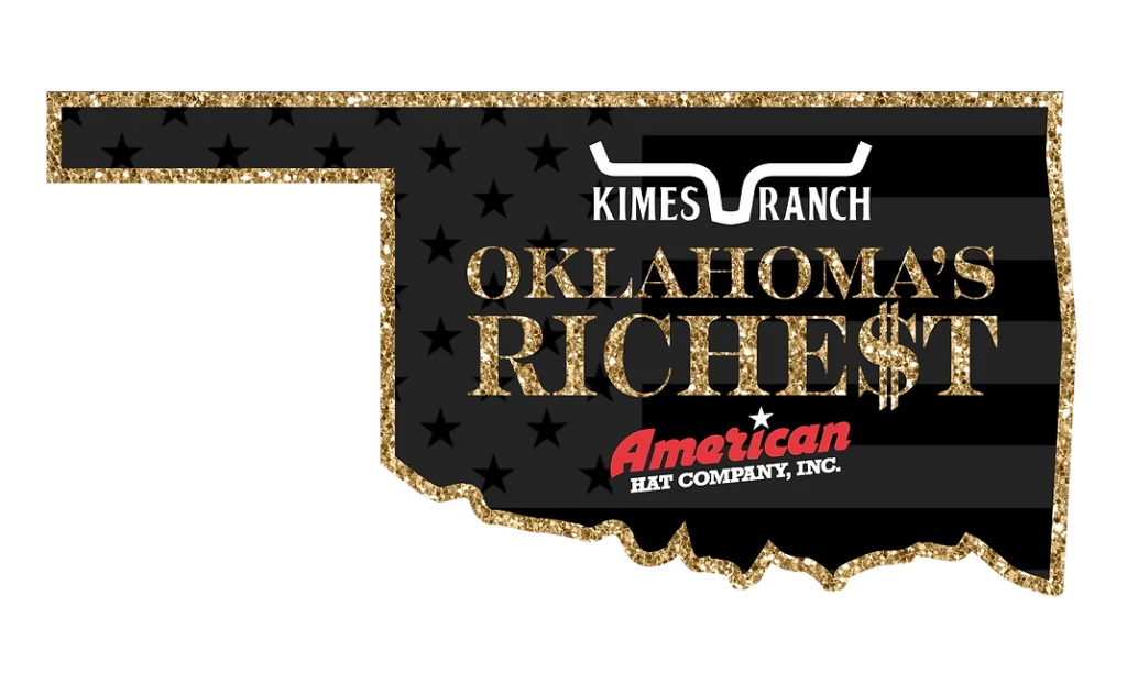 Oklahomas Richest banner: elegant gold text on starry black, featuring Kimes Ranch.