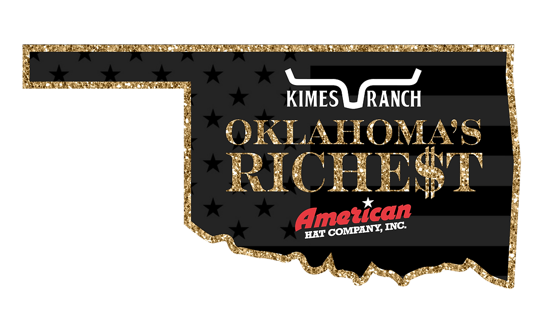 Oklahomas Richest banner: elegant gold text on starry black, featuring Kimes Ranch.