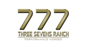 Luxurious gold 777 logo showcases Three Sevens Ranch, specializing in performance horses.