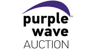 Purple Wave Auction logo: modern font, italicized wave, purple stylized wave graphic above text.