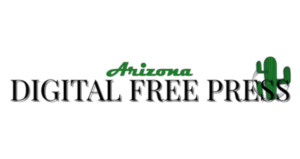 Arizona desert logo with green cursive text and cartoon cacti on black background.