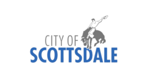 City of Scottsdale logo: modern Western heritage with cowboy graphic and bold text in blue and grey.