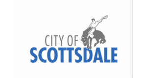 Scottsdale logo: Gray cowboy on bucking horse, deep blue text, Western heritage theme.