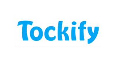Tockify logo: Bold blue text on white, playful modern font with unique k design.