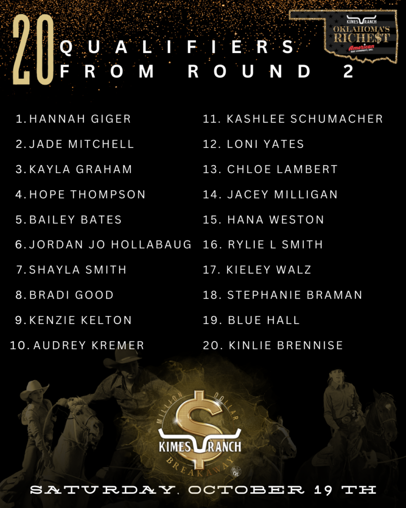Kimzey’s Ranch Round 2 Qualifiers Poster: 20 Competitors Advancing, Event on October 14th.
