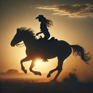 Silhouette of female cowboy riding galloping horse at sunrise, sky aglow.