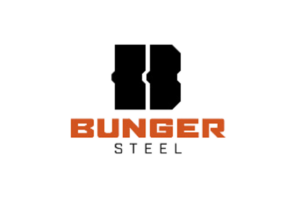 Bunger Steel logo: Robust design with dark gray B and bold red text on white background.