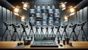 Modern TV studio setup with multiple cameras, control desk, and live stream capabilities.