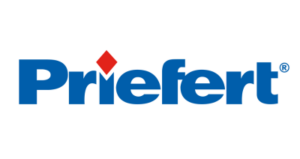 Priefert logo: Bold blue text with red diamond accent, conveying modernity and reliability.