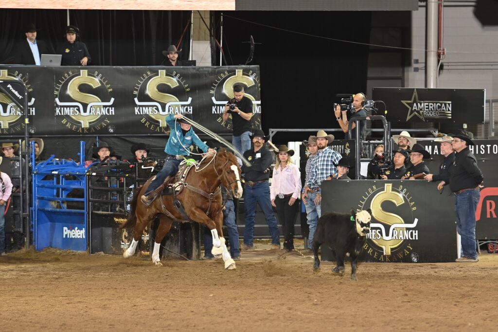 Rodeo action: skilled rider on chestnut horse pursues bull under bright arena lights.